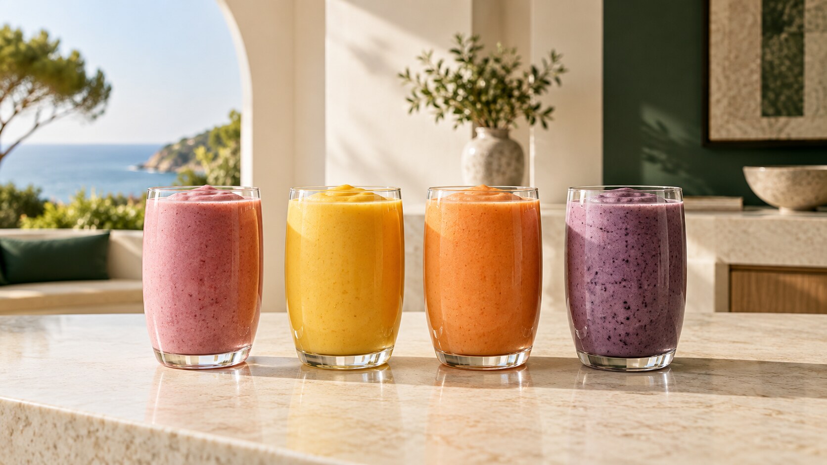 Négy kész Smoozy smoothie rózsaszín, sárga, narancs és lila színben